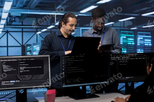 Preview: Colleagues in server room checking systems bottlenecks
