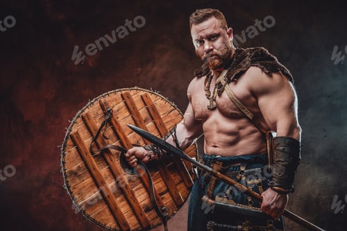 Preview: Brutal scandinavian barbarian with spear and shield in dark background