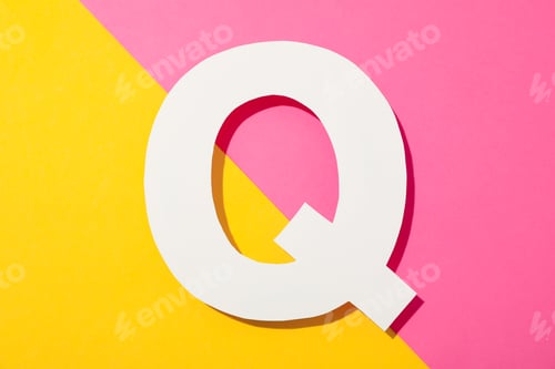 Preview: White letter Q on two color background, space for text