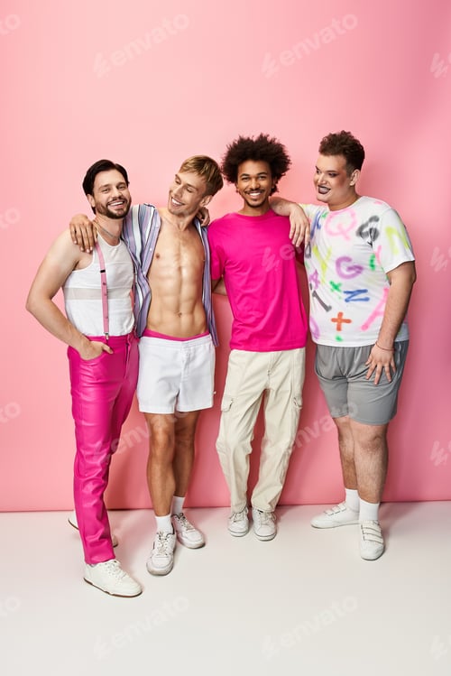 Preview: Vibrant celebration of queer friendship and pride in a colorful studio setting