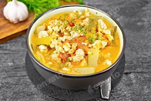 Preview: Ragout of zucchini and minced meat in bowl on black board