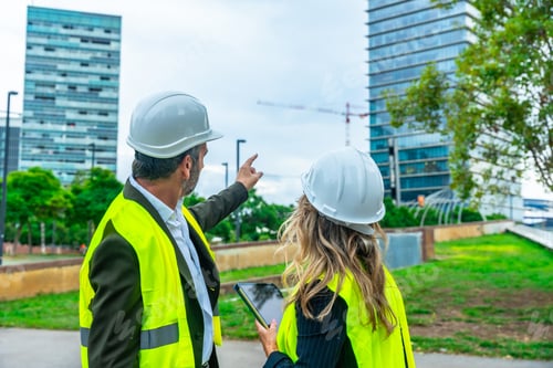 Preview: Architects planning construction site pointing at city buildings