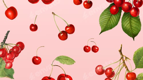 Preview: Hand drawn natural fresh red cherry on pink background illustration
