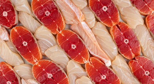 Preview: Raw fish fillets background diagonal pattern fresh seafood texture uncooked protein.