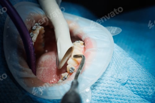 Preview: Top view of the process of brushing the patient's teeth. Teeth cleaning with water jet and saliva