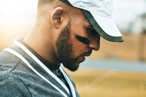 Preview: Baseball player, face and thinking of game strategy in fitness, workout and training on grass field