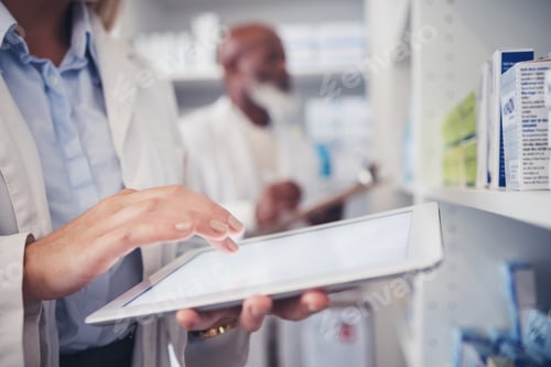 Preview: Closeup, pharmacy and hands with a tablet for inspection, check of stock or medicine update online.