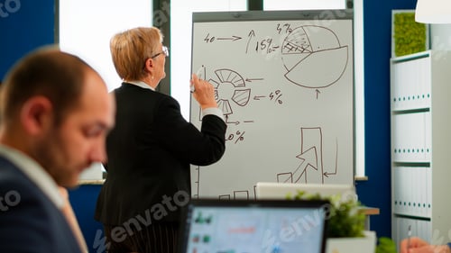 Preview: Mature businesswoman writing on white board, presenting sales evolution