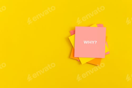 Preview: Sticky notes with word WHY on yellow background. Business concept, strategy, planning