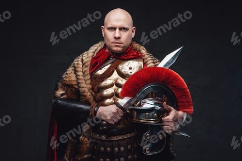 Preview: Serious roman soldier weared in fur and bronze armor