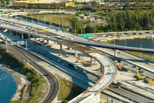 Preview: Industrial roadworks in Miami, Florida. Wide american highway junction under construction