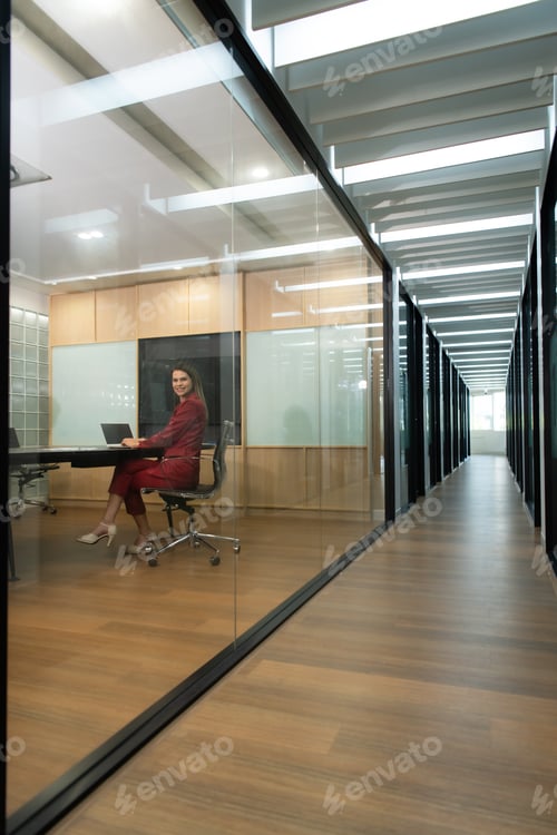 Preview: Business woman in red dress in the company's large conference room