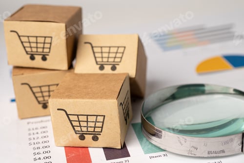 Preview: Shopping cart logo on box with magnifying glass on graph background. Banking Account, Investment
