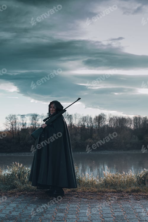 Preview: armed dark fat soldier marching on guard outdoors war evil dark ages concept