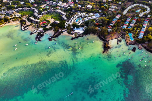 Preview: Aerial photography of a coral reef and a hotel complex with beaches in Mauritius, the North-East