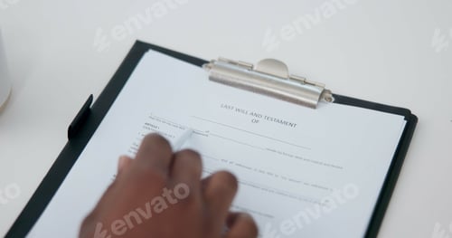 Preview: Life insurance, contract and signature with hands of person for planning, information or deal. Poli