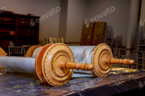 Preview: The Hebrew handwritten Torah, Talmud scroll on a synagogue alter, illustrating Jewish holidays.