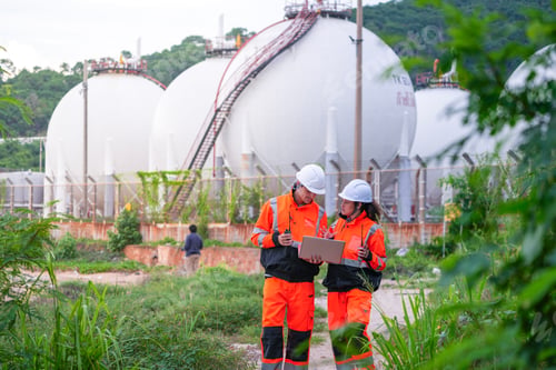 Preview: Two engineers in high-visibility safety gear and hard hats discuss project plans