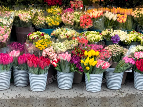 Preview: Colorful flowers stand with pots on a sidewalk
