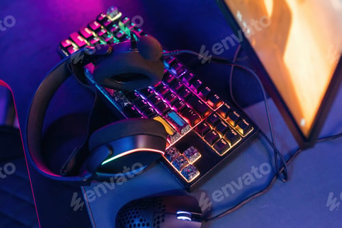 Preview: Gaming computer is in the dark room with neon lighting