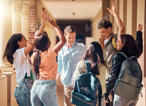 Preview: Students, happy and high five to celebrate on campus together for project success, interracial educ