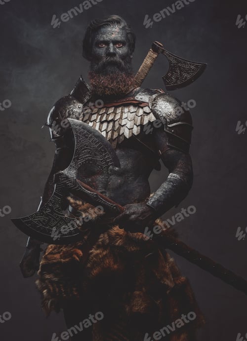 Preview: Proud and evil barbarian with two axes posing in dark background