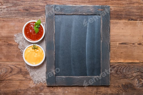 Preview: Bowls of cheese and tomato sauces with chalk board