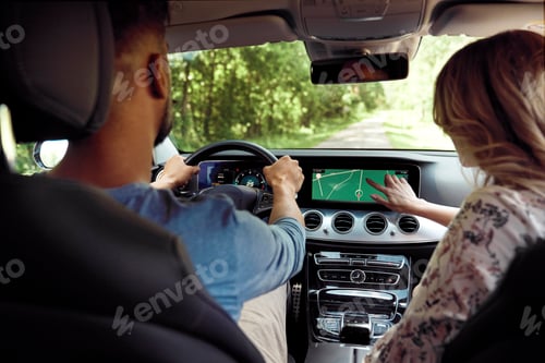 Preview: Rear view of couple driving a car on a road trip