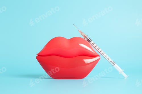 Preview: Bright red plastic female lips and a filler and hyaluronic acid injection syringe on a light blue