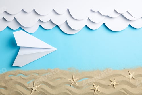 Preview: Paper clouds and plane, sand with starfishes on blue background. Vacation
