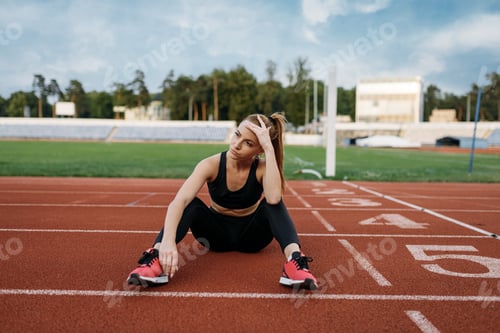 Preview: Tired female jogger sitting on the ground, stadium