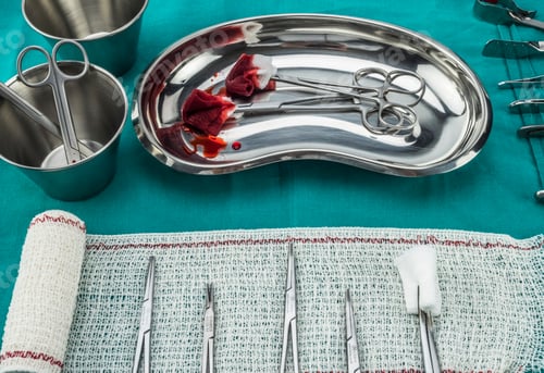 Preview: Scissors surgical with torundas soaked with blood on a tray metal in an operating theater,