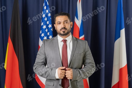 Preview: Serious male delegate in elegant suit standing in front of camera