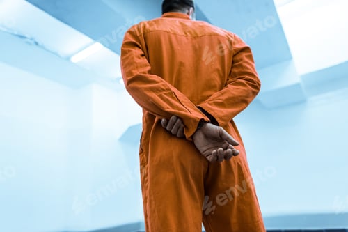 Preview: bottom view of prisoner in orange uniform standing in prison cell