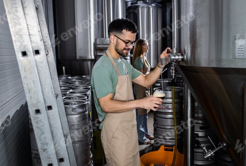Preview: Male brewer working in craft brewery examining quality of the beer.