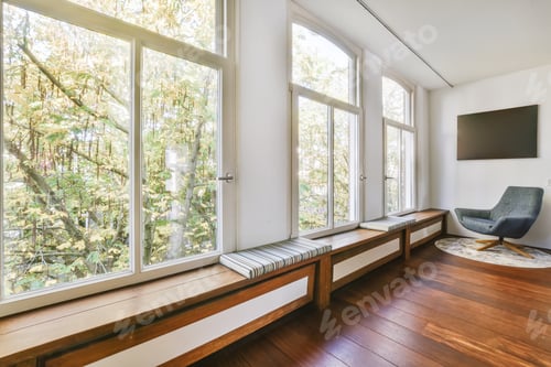 Preview: Comfortable chair and bench seats in modern room