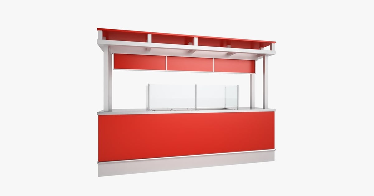 Rectangular counter with integrated shelving and display case 3D, Incl ...