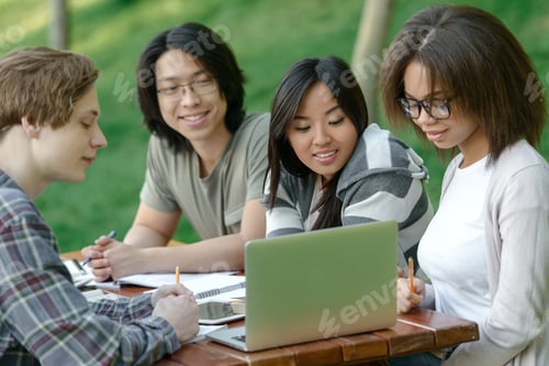 Preview: Cheerful group of young students sitting and studying