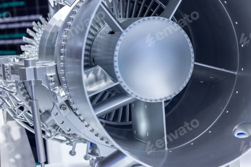 Preview: Gas turbine engine with turbine blades, Industrial gas turbine engine, Steel blades.