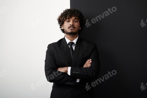 Preview: Confident Indian businessman keeping arms crossed against black and white background