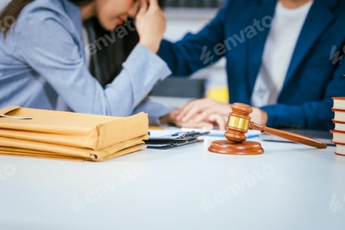 Preview: An Asian male lawyer supports and advises a stressed client in an office. With empathy expertise