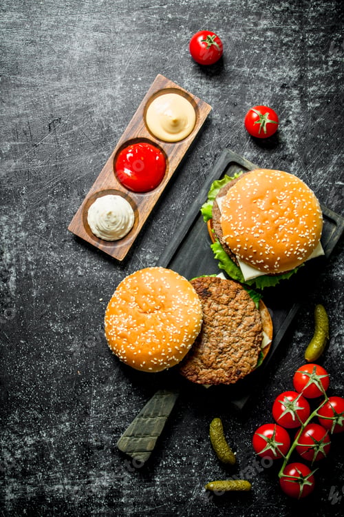 Preview: Burgers with French fries, gherkins,tomatoes and different sauces.