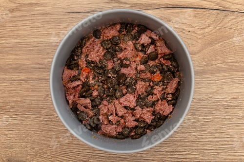 Preview: Wet food mixed with dry dog food in a ceramic bowl, top view.