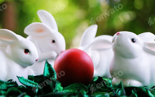 Preview: Easter eggs and white bunny blur background