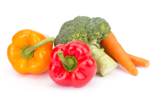 Preview: Fresh vegetables: brocolli, bell peppers, carrot, onion isolated on white background