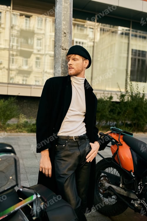 Preview: Stylish Man Admiring Parked Motorcycle