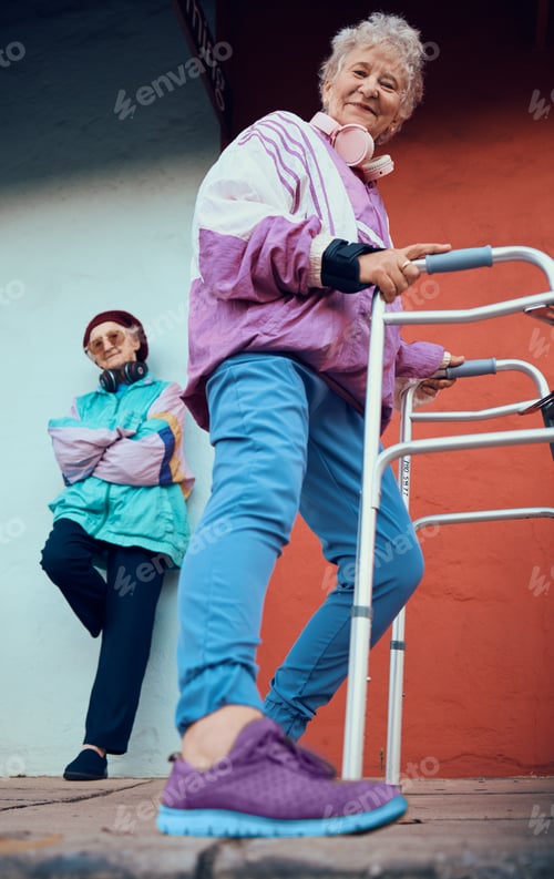Preview: Fashion, old women and friends portrait in city on blue and red wall with stylish vintage jacket an
