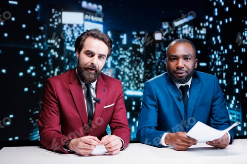 Preview: Diverse newscasters team reporting news