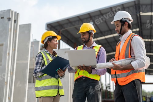 Preview: Team of construction Indian engineers discussing project at construction site