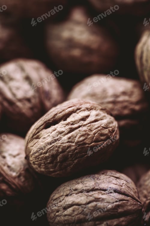 Preview: Walnuts with and without shells (filling the picture). Background of fresh walnuts